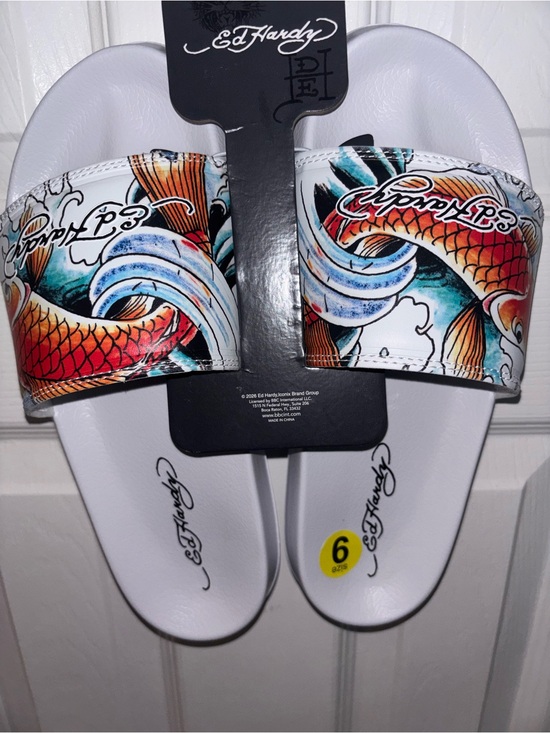 Ed Hardy Shoes - Ed Hardy White Slides with Red & Teal Koi Graphic NWT SIZE 9